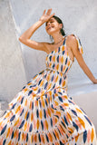 Witten Blue Orange Geometric One Shoulder Tie Maxi Dress