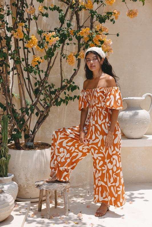 Solange Rust Orange Abstract Puff Sleeve Jumpsuit