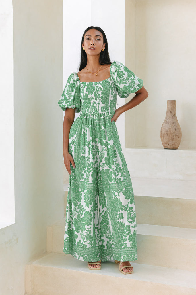 Women's Floral Sea Green Ruffle Sleeves Jumpsuit