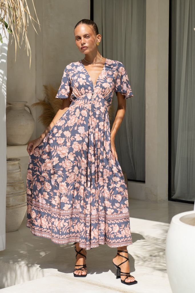 Deep Sweetheart Neck Empire Boho Dresses Peach