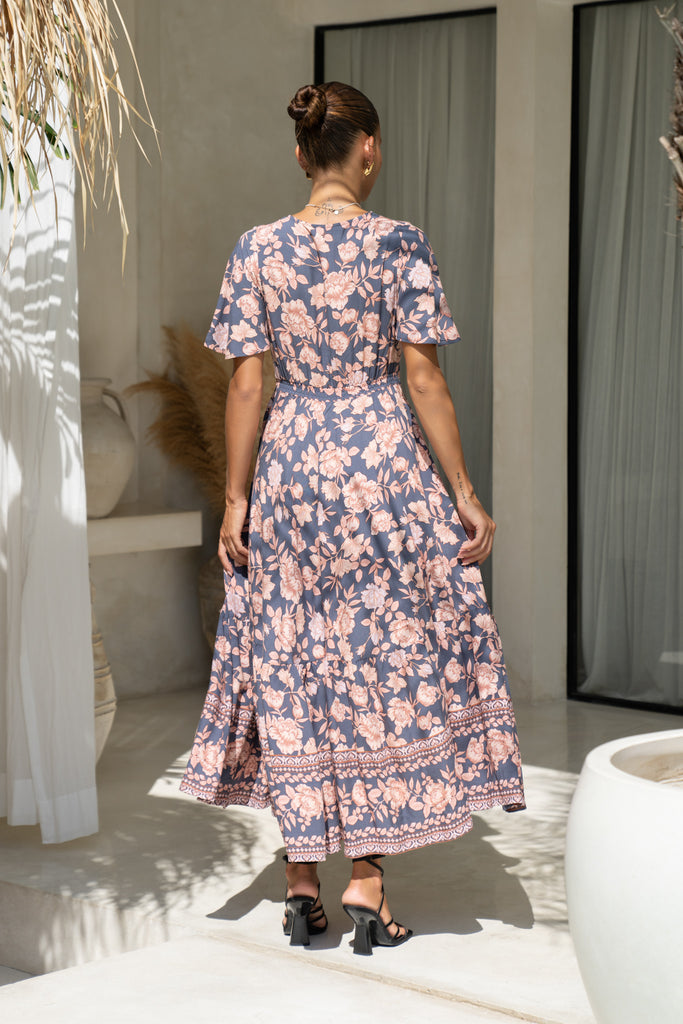 Amabelle Midi Dress in Navy with Tan Boho Linen Blend
