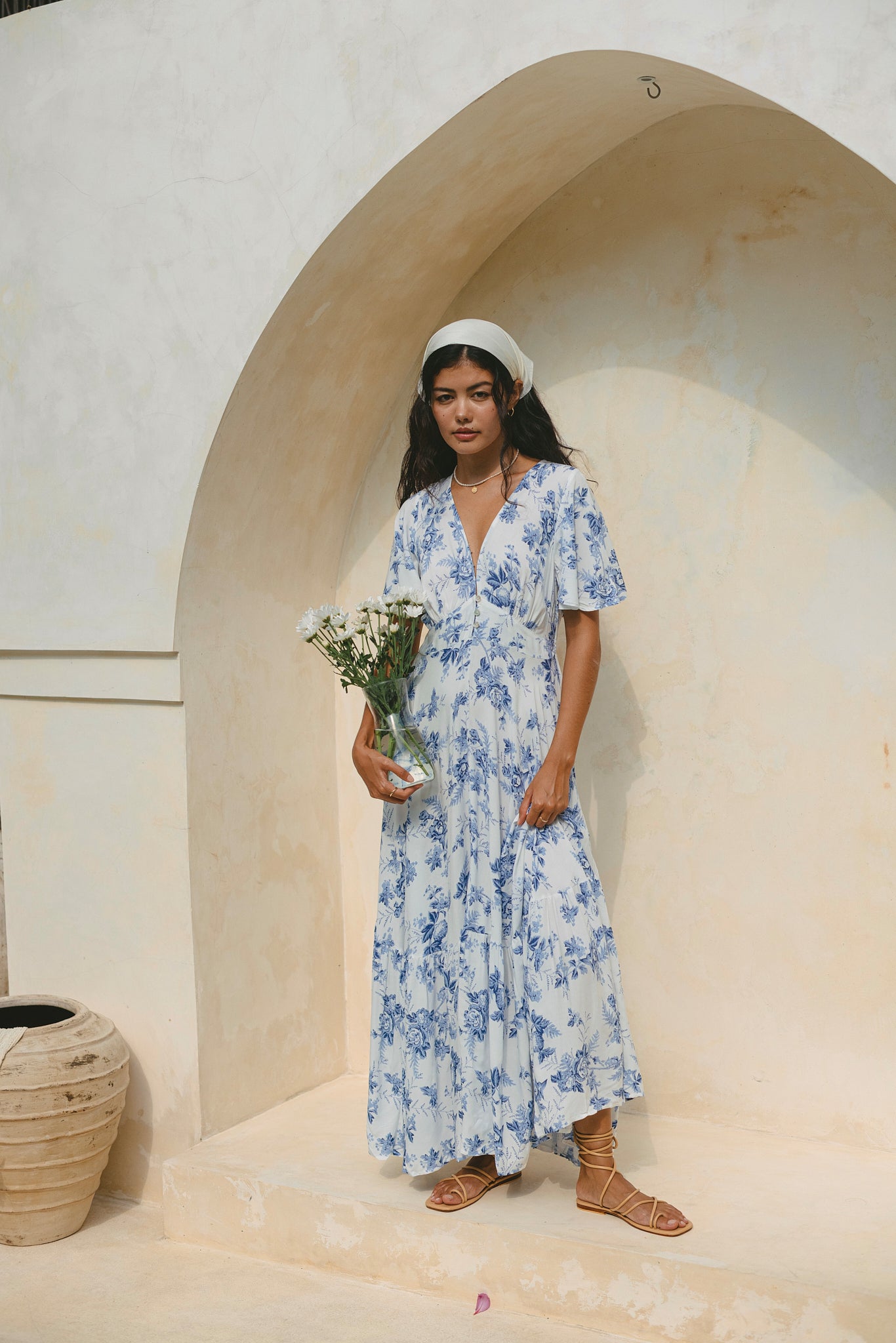 Rosette Blue Floral V-Neck Midi Dress
