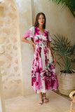 Roselyn Pink Floral V-Neck Midi Dress