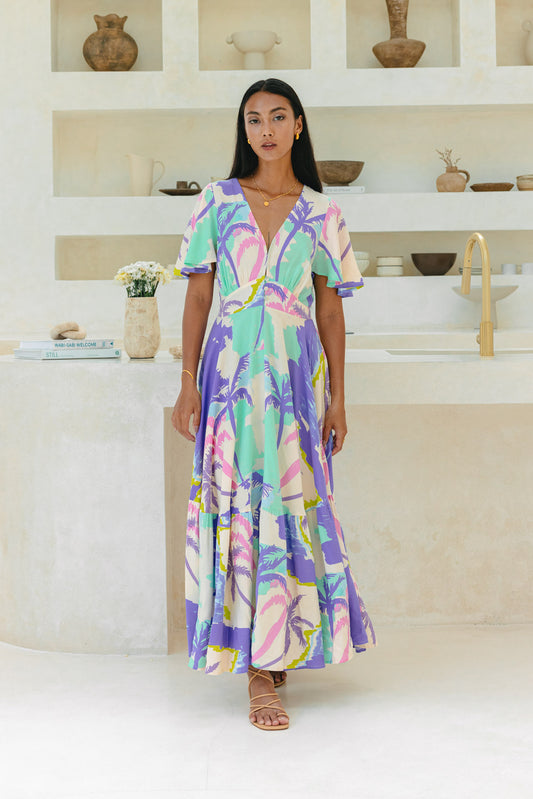 Paradisio Purple Tropical V-Neck Midi Dress