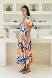 Tropicana Blue Orange Abstract V-Neck Midi Dress
