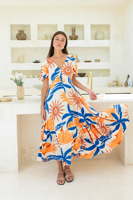Tropicana Blue Orange Abstract V-Neck Midi Dress
