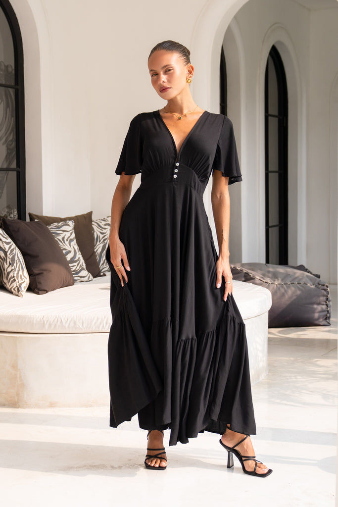 Black V-Neck Midi Dress main image 0