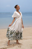 Sabina Green Tropical V-Neck Midi Dress