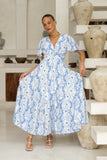 Fiora Blue Floral V-Neck Midi Dress