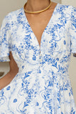 Fiora Blue Floral V-Neck Midi Dress