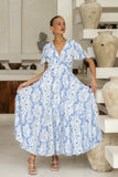 Fiora Blue Floral V-Neck Midi Dress