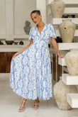 Fiora Blue Floral V-Neck Midi Dress