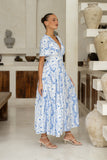 Fiora Blue Floral V-Neck Midi Dress