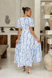Fiora Blue Floral V-Neck Midi Dress