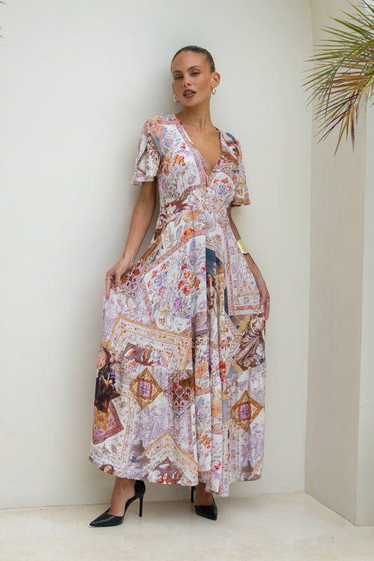 Kasia Beige Lilac Abstract V-Neck Midi Dress