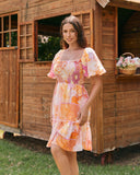 Serenity 橙粉色波西米亚风泡泡袖迷你连衣裙