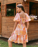 Serenity Orange Pink Boho Puff Sleeves Mini Dress