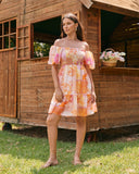 Serenity 橙粉色波西米亚风泡泡袖迷你连衣裙