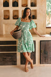 Viridiana Green Floral Puff Sleeves Mini Dress