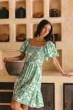 Viridiana Green Floral Puff Sleeves Mini Dress