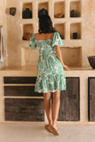 Viridiana Green Floral Puff Sleeves Mini Dress