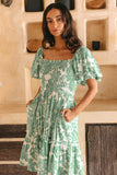 Viridiana Green Floral Puff Sleeves Mini Dress
