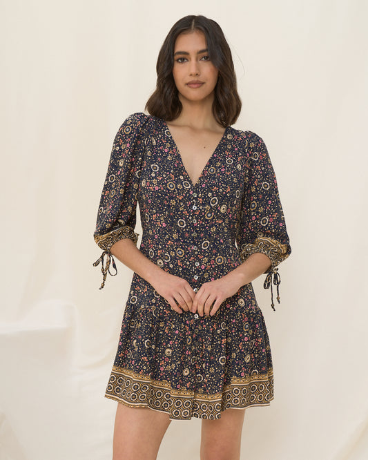 Celestine Dark Navy Blue Floral Boho Mini Dress