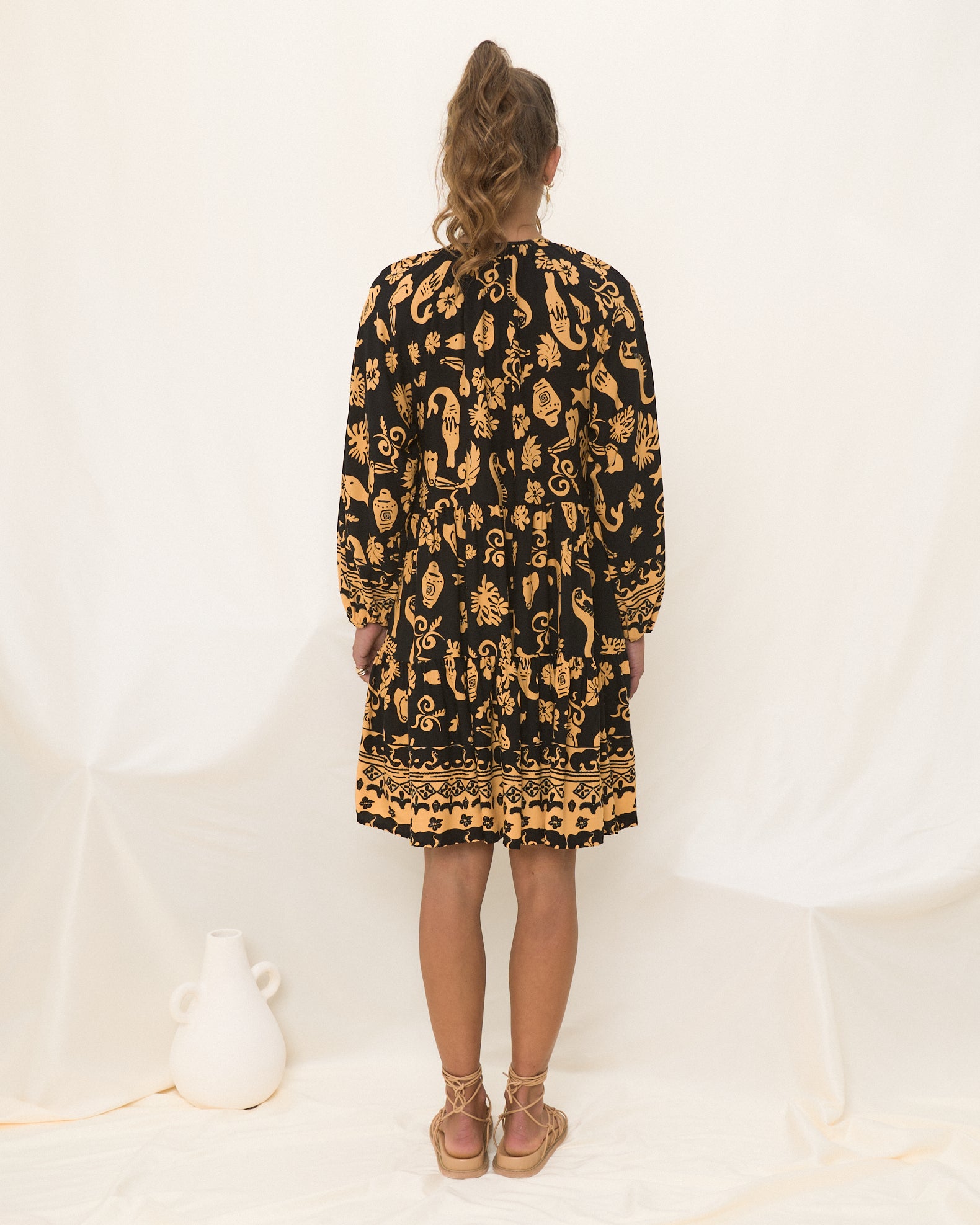 Delphine Black and Gold Abstract Boho Mini Dress