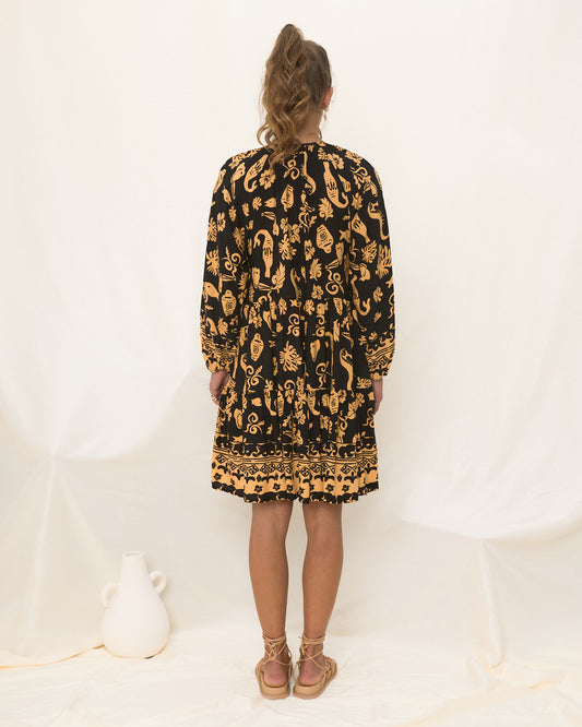 Delphine 黑色和金色抽象波西米亚迷你连衣裙