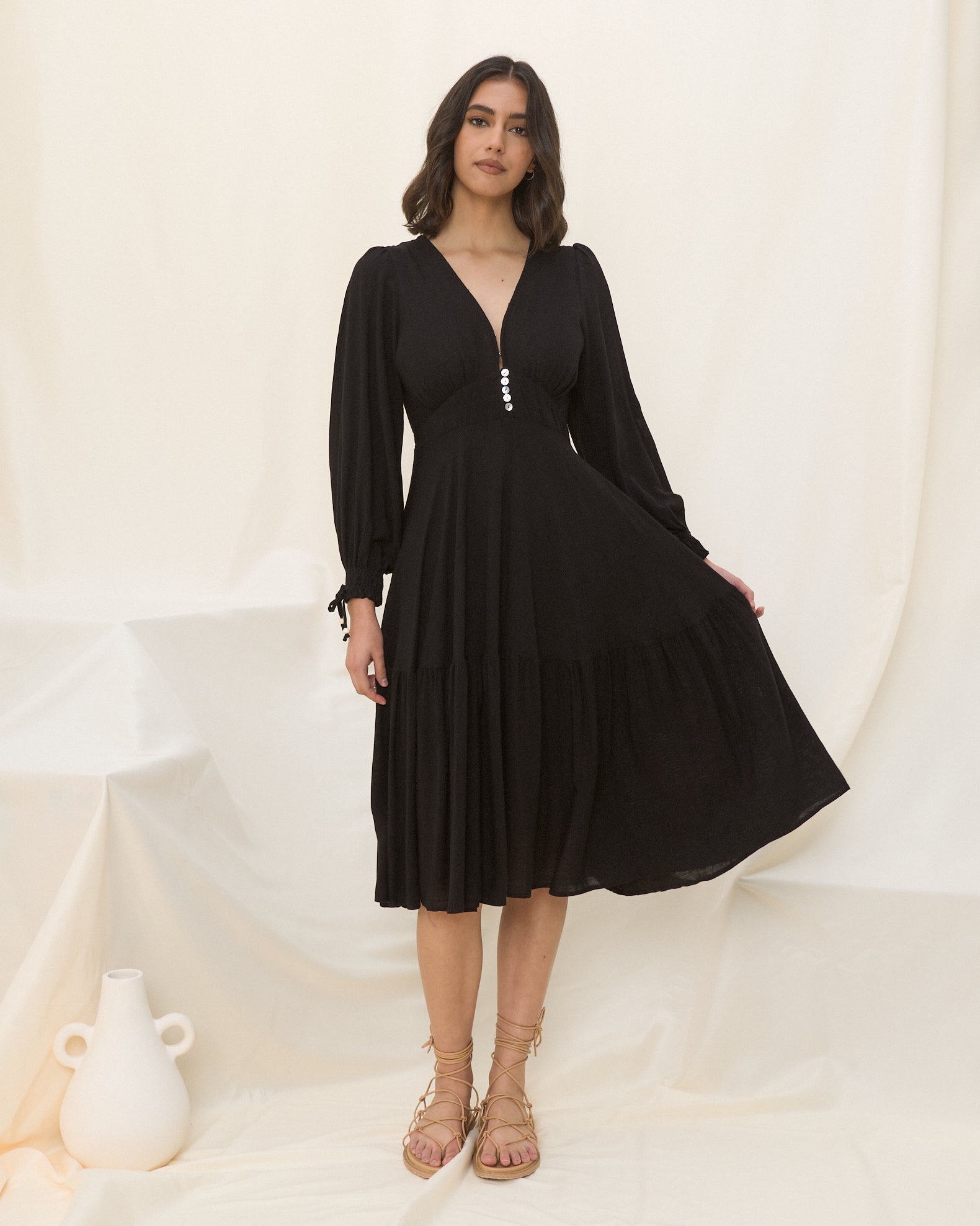 Lenora Black Long Sleeve Midi Dress