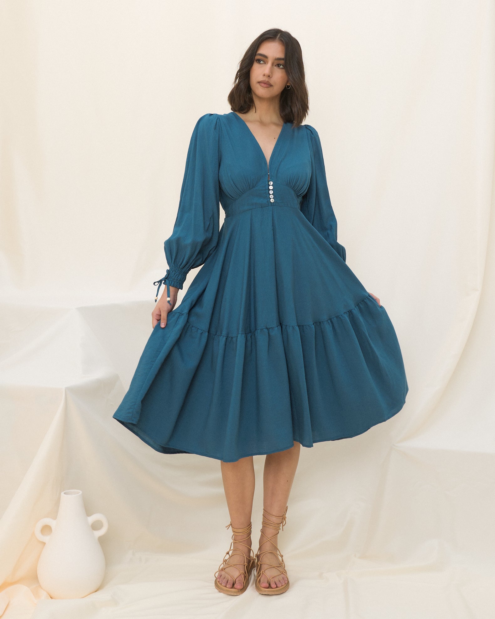 Lenora Teal Blue Long Sleeve Midi Dress