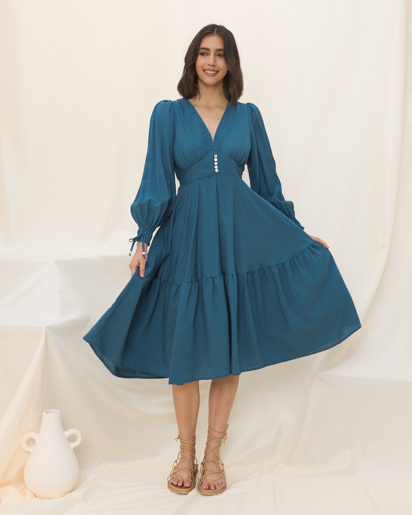 Lenora Teal Blue Long Sleeve Midi Dress