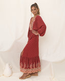 Gaun Maxi Kancing Boho Merah Ember Merah