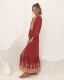 Gaun Maxi Kancing Boho Merah Ember Merah