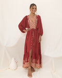 Gaun Maxi Kancing Boho Merah Ember Merah