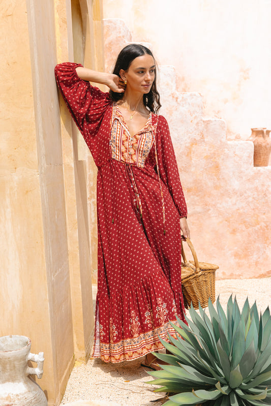 Ember Red Boho Button Down Maxi Dress