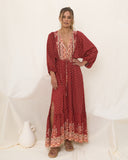 Gaun Maxi Kancing Boho Merah Ember Merah