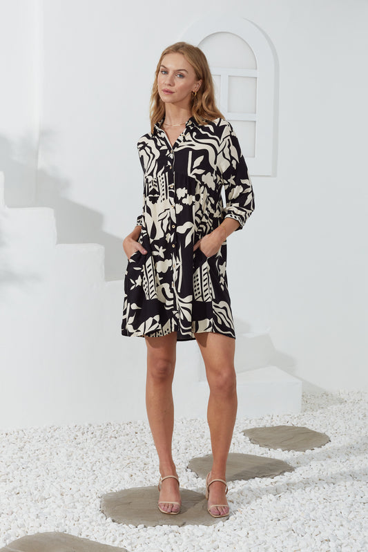 Cali Black Abstract Collared Mini Shirt Dress