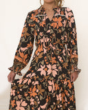 Autumn Black Orange Floral Boho Long Sleeve Midi Dress
