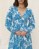 Tatiana 蓝色花卉波西米亚风长袖中长连衣裙
