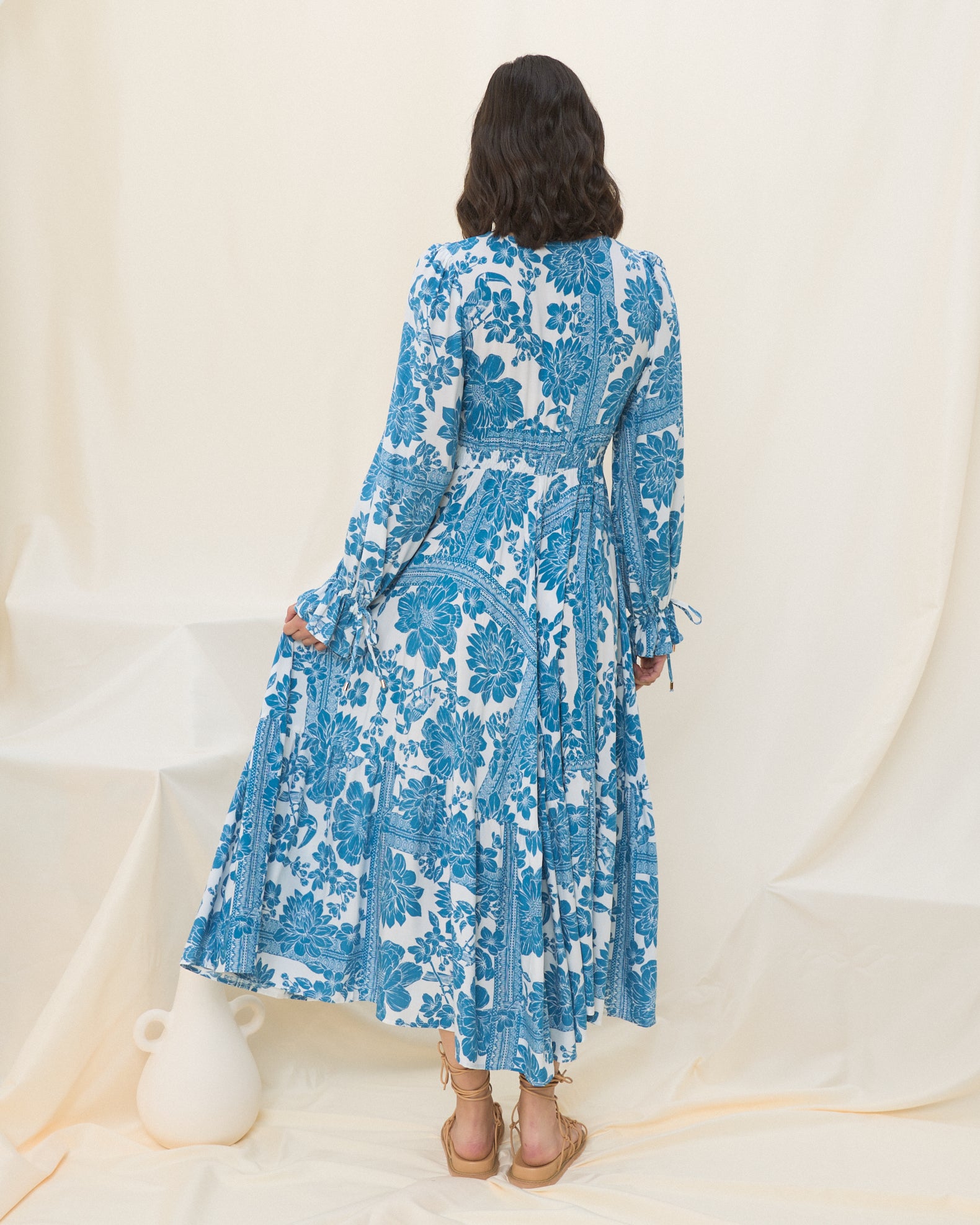 Tatiana Blue Floral Boho Long Sleeve Midi Dress