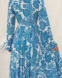 Tatiana 蓝色花卉波西米亚风长袖中长连衣裙