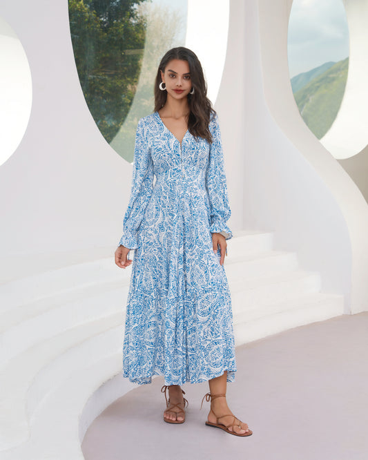 Skyra Blue Boho Long Sleeve Midi Dress