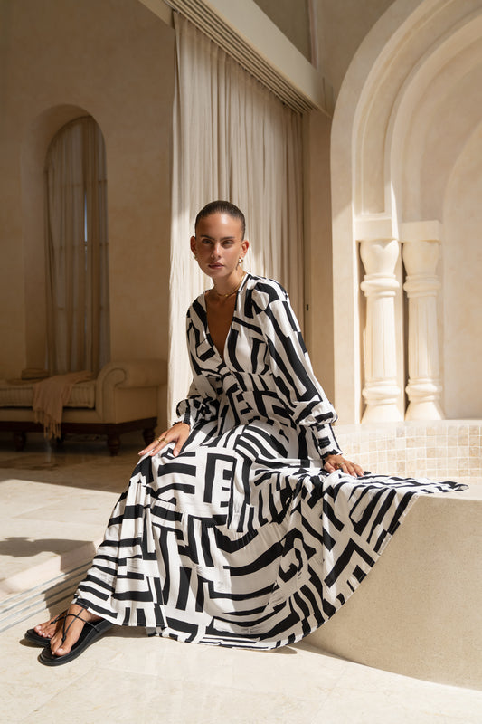 Kaede Black Geo Long Sleeve V-Neck Maxi Dress