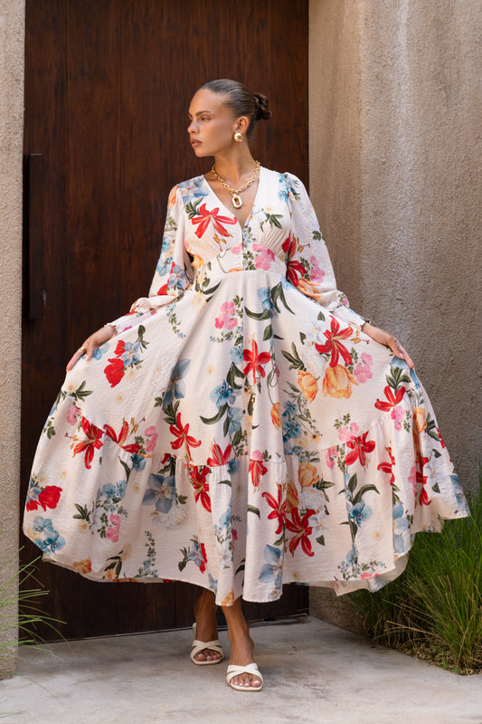 Joyce Multicolour Floral Long Sleeve V-Neck Maxi Dress
