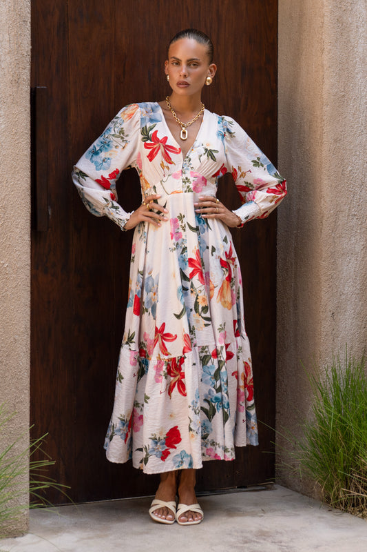 Joyce Multicolour Floral Long Sleeve V-Neck Maxi Dress