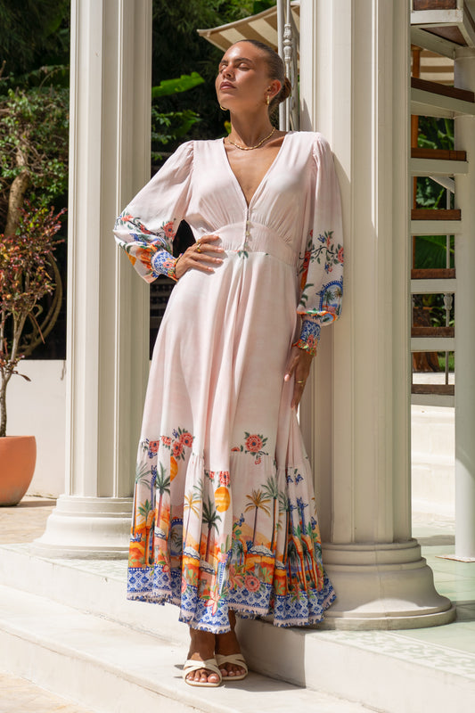 Zoraida Multicolour Tropical Long Sleeve V-Neck Maxi Dress