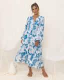 Cerulean Blue Floral Long Sleeve Midi Dress