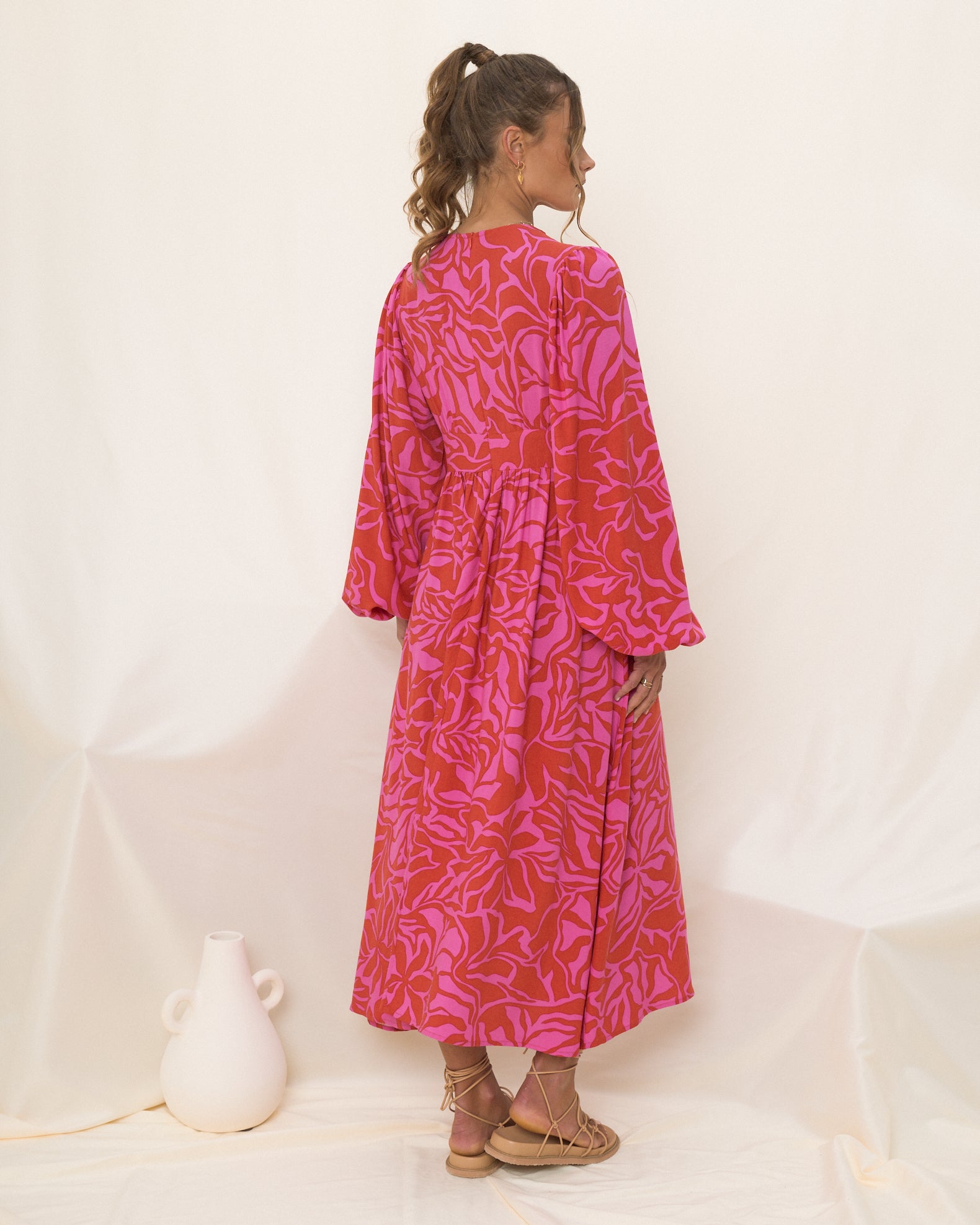 Kiana Hot Pink and Red Floral Midi Dress