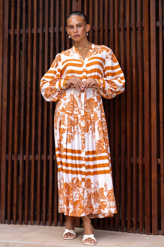 Tierra Rust Orange Tropical Maxi Dress